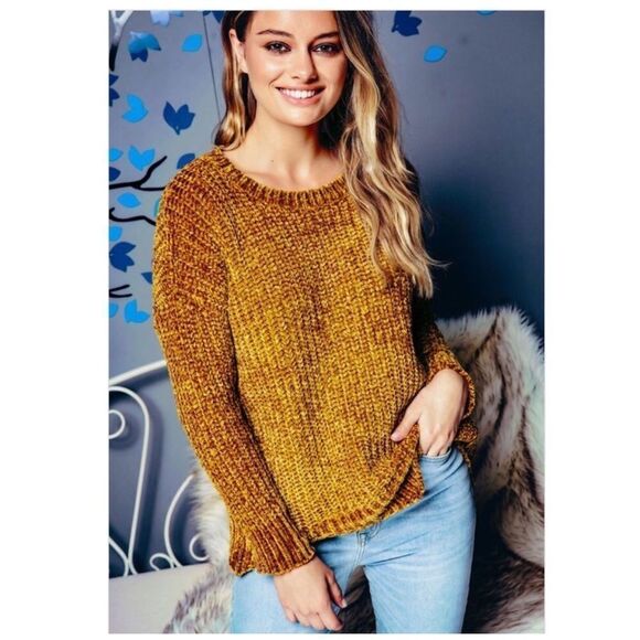COPY - Chunky Knit Chenille Sweater with Scalloped Hem - Picture 1 of 11